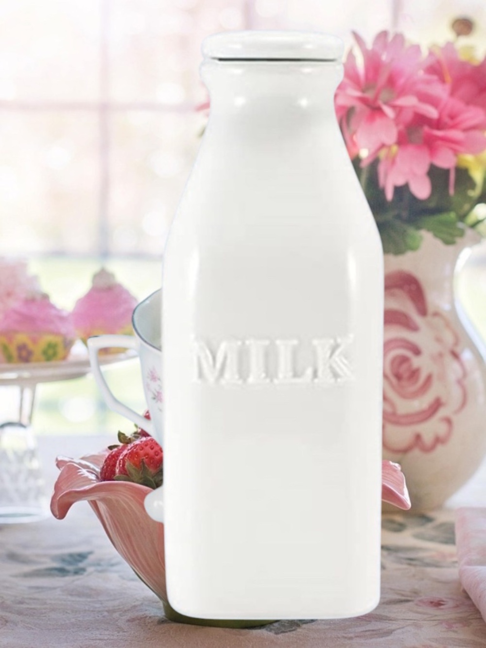 White Ceramic “MILK” Bottle | Farmhouse Kitchen Decor | Reusable Milk Decanter